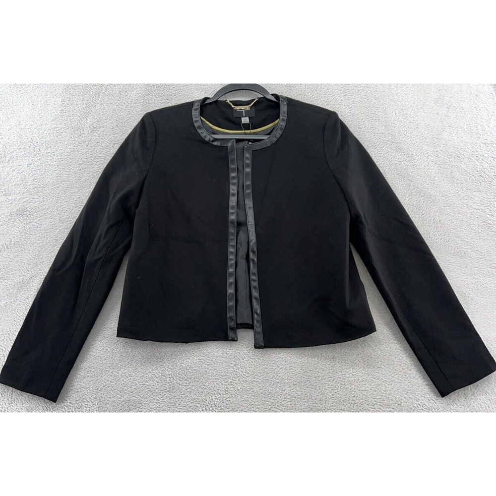Tahari Jacket Women's Medium Black Open Front Leather Trim Business Moto